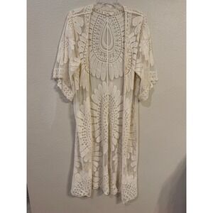 Rebellion Again Cream Lace Kimono Cardigan Boho Embroidered Sheer Longline M